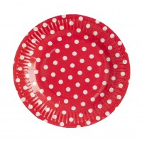 Red round paper plates with white polka dots