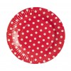 Red round paper plates with white polka dots