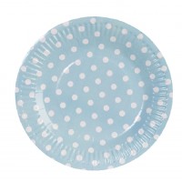 Bleu assiettes en papier rondes avec des pois blancs