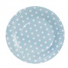 Blue round paper plates with white polka dots