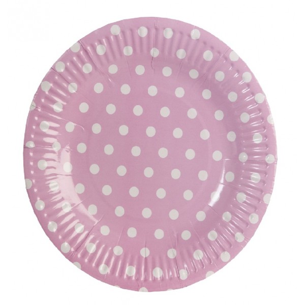 Pink round paper plates with white polka dots