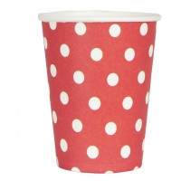 Red paper cups white polka dots. 