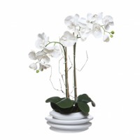 Orquideas con hojas artificiales en maceta cerámica blanca 26x69 cm