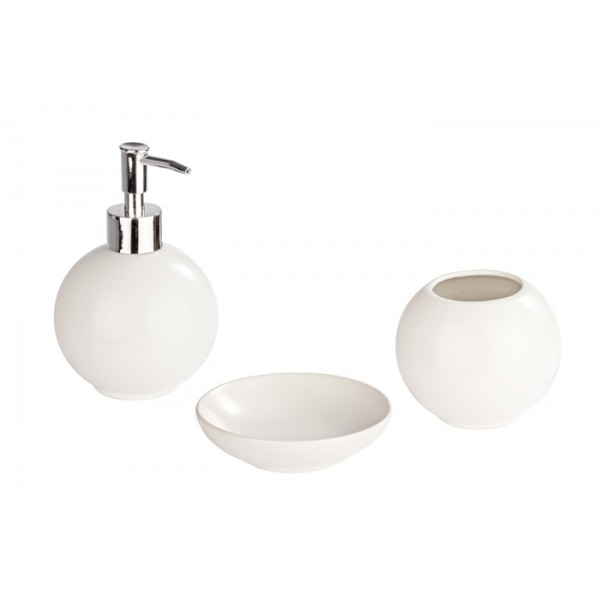 Set baño 3 piezas cerámicas blanco Esfera: dispensador jabón, portacepillos y jabonera