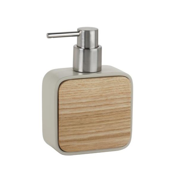 Dispensador de jabón baño en madera y poliresina beige 10x5x14,5cm