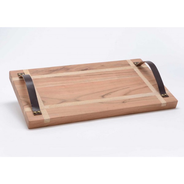 Tabla presentación mesa madera maciza acacia y asas de cuero 45x25xh3cm