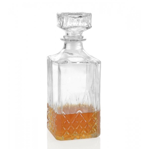 Botella vidrio licorera cuadrada con relieve 8,6x8,6xh23cm