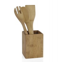 Porta utensilios bote con espátula, cuchara y tenedor todo en madera bambú 10x10x32cm
