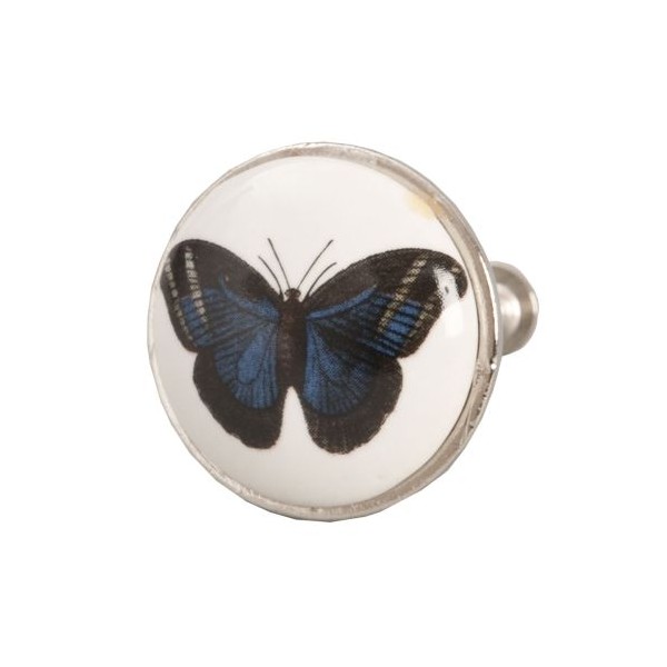 Tirador cerámico redondo blanco estampado mariposa azul 3 cm