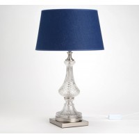 Lámpara mesa pie vidrio tallado y metal con pantalla azul noche Ø35x60h cm