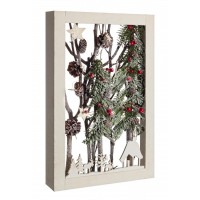 Cuadro madera decoración navideña Paisaje nevado con troncos y bolitas rojas 47x30x6,5h cm