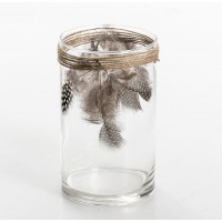 Tealight vaso cristal con detalle plumas y cuerda 9x15h cm