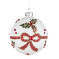 Bola árbol de Navidad cristal blanco estampado acebo y lazo verde y rojo 8cm