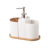 Set baño dolomita blanco y bambú 4 piezas: dispensador jabón, vaso, vaso cepillos y bandeja