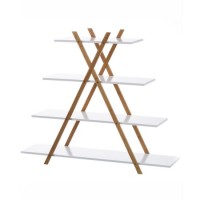 Estantería madera bambú y MDF 4 baldas blancas Pirámide 125x30x103h cm