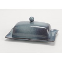 Mantequera cerámica con tapa azul bruma hecha a mano 20x13xh8 cm