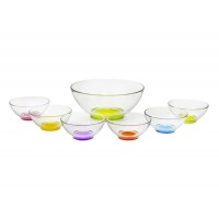 Set ensaladera con 6 bowls en cristal con bases de colores 7 piezas