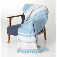 Manta muy suave al tacto, en color beige y azul. Ideal para tu sillón para un pie de cama. 100% algodón.