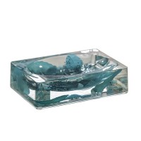 Jabonera acrílica transparente relleno piedras y hojas azules 13x9x3,5h cm