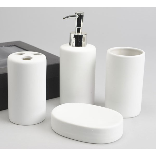 Set baño cerámico 4 piezas liso blanco: dispensador jabón, vaso, vaso