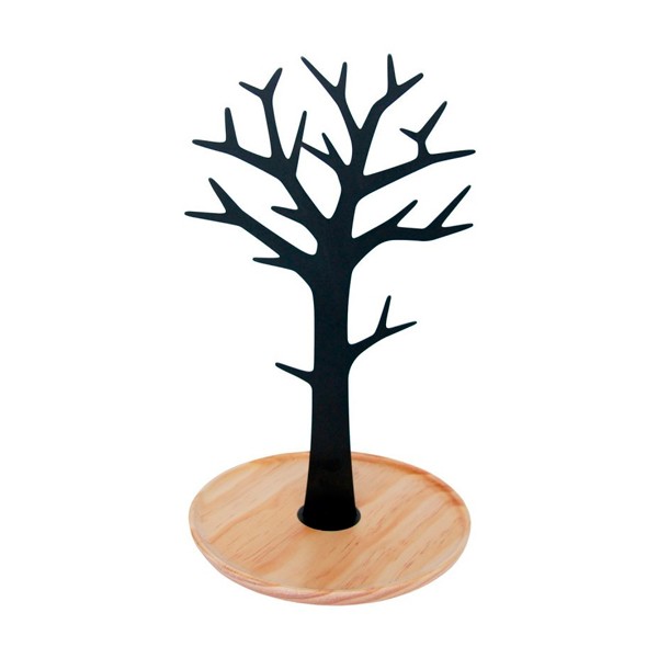 Joyero de sobremesa árbol metálico negro con base madera