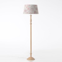 Lámpara de pie madera natural pantalla lino flores coral y gris Ø45x166h cm
