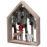 Cuadro madera decoración navideña Paisaje nevado con renos, troncos y piñas con luz led 20x5x25.5h cm