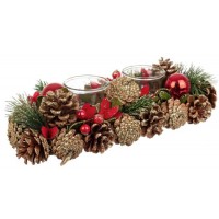 Portavelas navideño alargado piñas doradas con bolitas rojas para 3 velas vaso cristal h cm