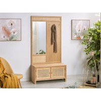 Bengalero mueble de entrada madera y mimbre con perchero y espejo con 2 puertas Sayumi 90x40x180h cm