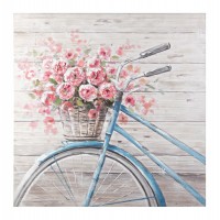 Cuadro lienzo oleo bicicleta azul con cesto con flores rosas brillo Village AH378 80x80 cm