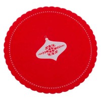 Mantel individual redondo fieltro rojo bordado blanco bola Navidad 35cm 