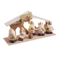 Belén navideño Misterio infantil en madera y cerámica Dorado Emmaus con luz 30,5x10x16h cm
