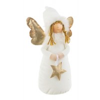 Figura de Ángel blanco con estrella dorada y luz led 19x11x32h cm