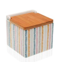 Salero cuadrado cerámico estampado rayas colores Corduroy con tapa de bambú 11x10,5x11h cm
